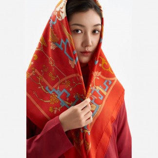 Silk scarf -Auspicious Horse Frolicking Among Plum Blossoms - Red - 90x90 cm